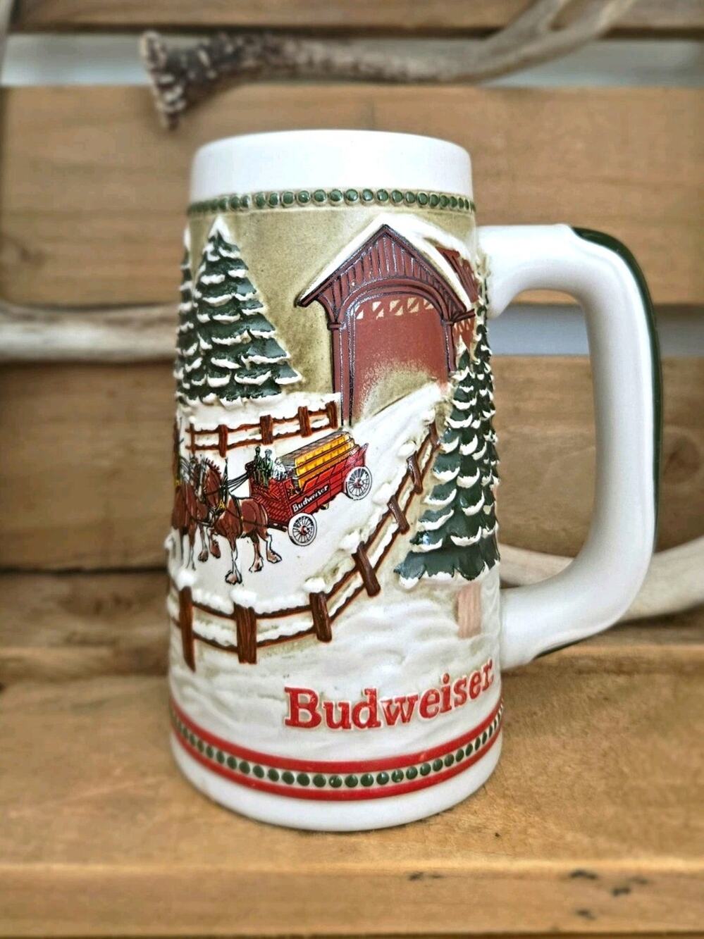 Vintage Budweiser Holiday Limited Edition Ceramic Beer Stein Covered Bridge